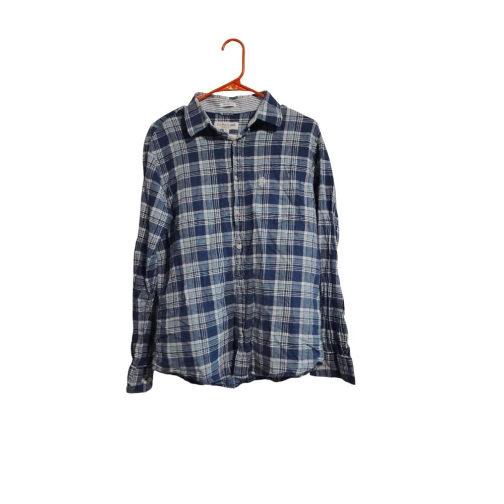 U.S. Polo Assn Button Up Men's Large Long Sleeve Blue White Plaid‎ Tailored Fit